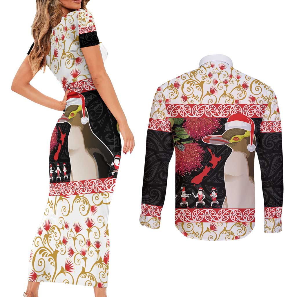 New Zealand Merry Christmas Couples Matching Short Sleeve Bodycon Dress and Long Sleeve Button Shirt Hoiho Xmas - Haka Dance and Pohutukawa LT03 - Polynesian Pride