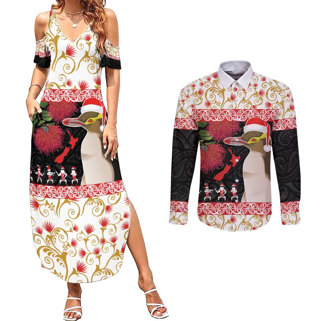 New Zealand Merry Christmas Couples Matching Summer Maxi Dress and Long Sleeve Button Shirt Hoiho Xmas - Haka Dance and Pohutukawa LT03 White - Polynesian Pride
