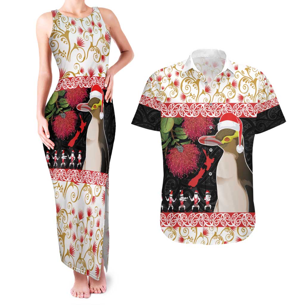 New Zealand Merry Christmas Couples Matching Tank Maxi Dress and Hawaiian Shirt Hoiho Xmas - Haka Dance and Pohutukawa LT03 White - Polynesian Pride
