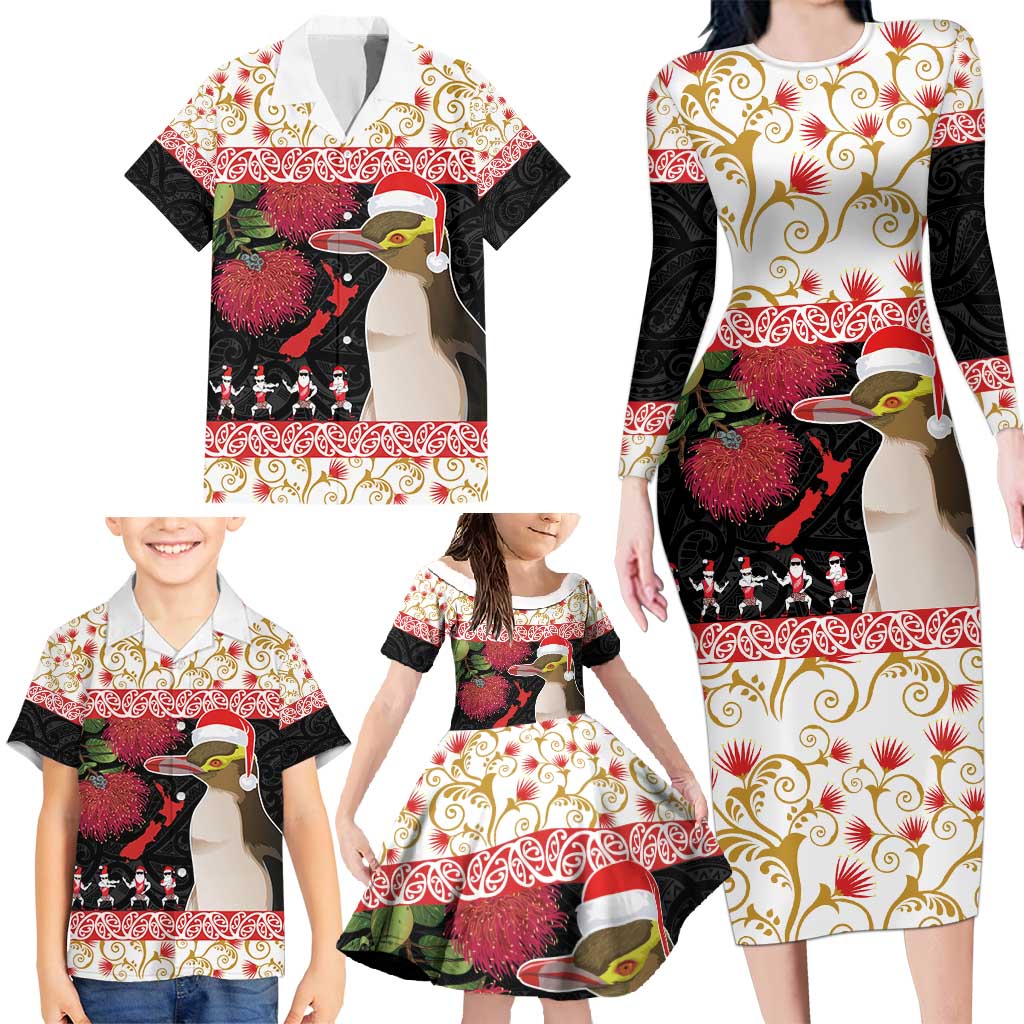 New Zealand Merry Christmas Family Matching Long Sleeve Bodycon Dress and Hawaiian Shirt Hoiho Xmas - Haka Dance and Pohutukawa LT03 - Polynesian Pride