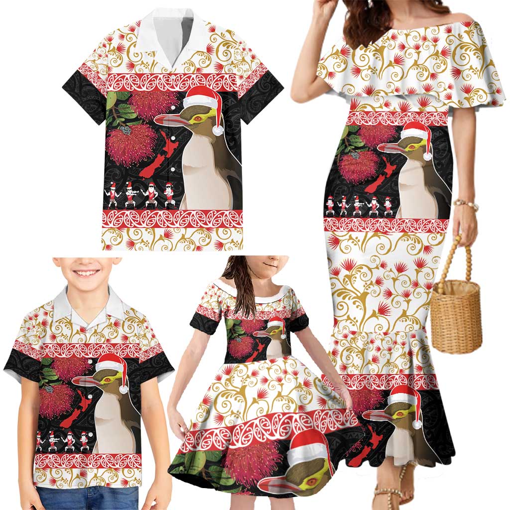 New Zealand Merry Christmas Family Matching Mermaid Dress and Hawaiian Shirt Hoiho Xmas - Haka Dance and Pohutukawa LT03 - Polynesian Pride