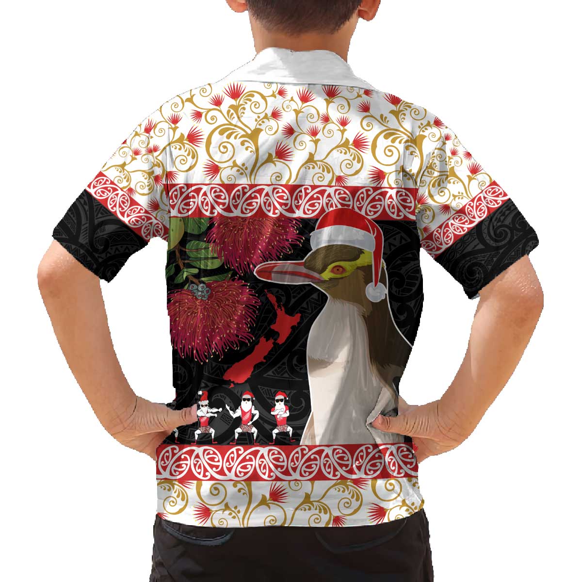 New Zealand Merry Christmas Family Matching Off The Shoulder Long Sleeve Dress and Hawaiian Shirt Hoiho Xmas - Haka Dance and Pohutukawa LT03 - Polynesian Pride