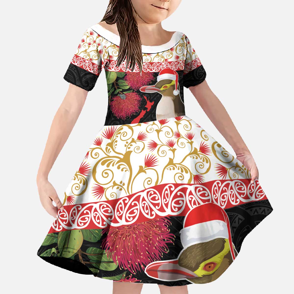 New Zealand Merry Christmas Family Matching Off The Shoulder Long Sleeve Dress and Hawaiian Shirt Hoiho Xmas - Haka Dance and Pohutukawa LT03 Daughter's Dress White - Polynesian Pride