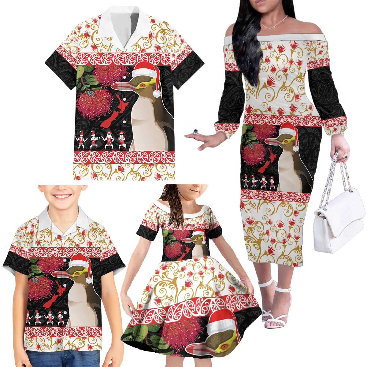 New Zealand Merry Christmas Family Matching Off The Shoulder Long Sleeve Dress and Hawaiian Shirt Hoiho Xmas - Haka Dance and Pohutukawa LT03 - Polynesian Pride