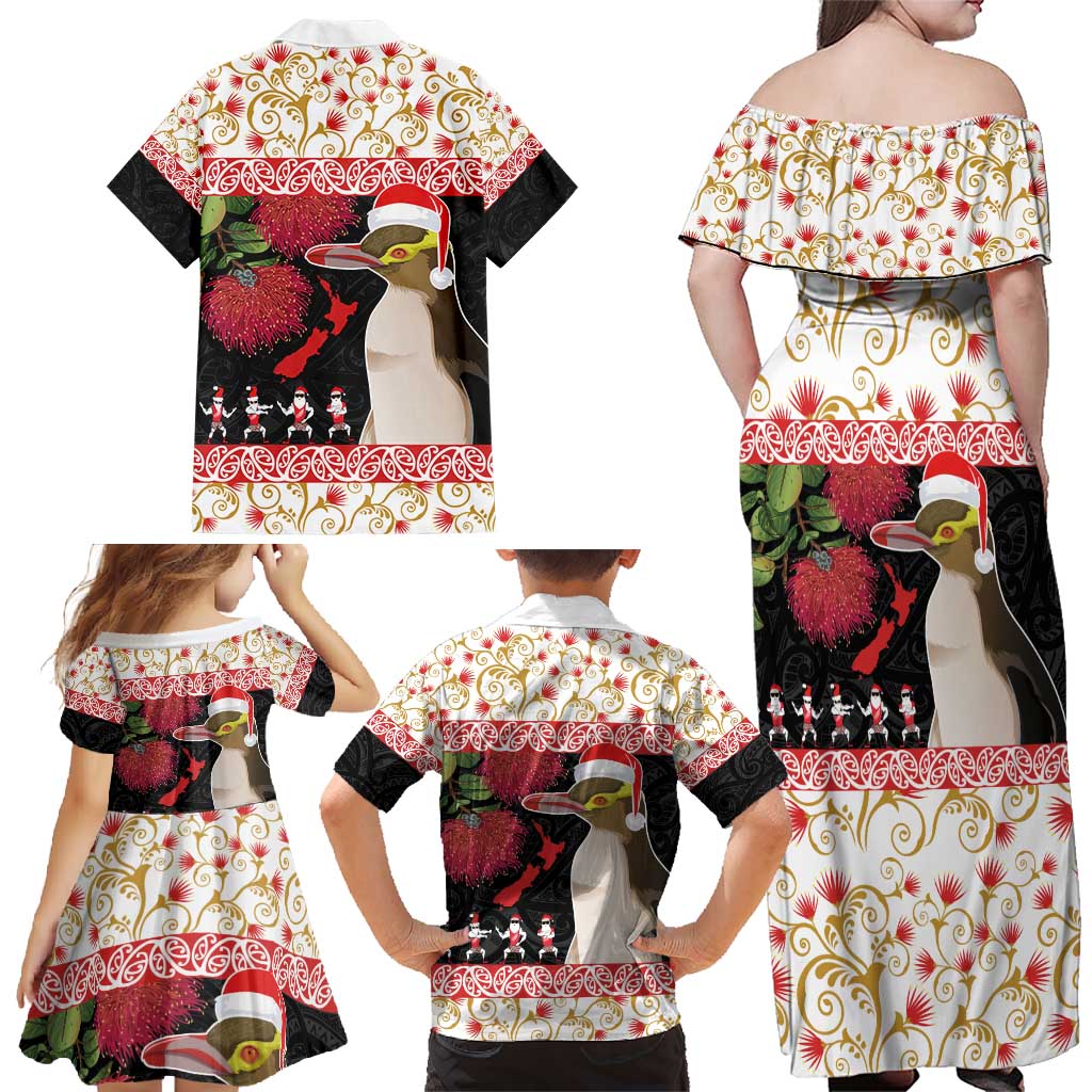 New Zealand Merry Christmas Family Matching Off Shoulder Maxi Dress and Hawaiian Shirt Hoiho Xmas - Haka Dance and Pohutukawa LT03 - Polynesian Pride