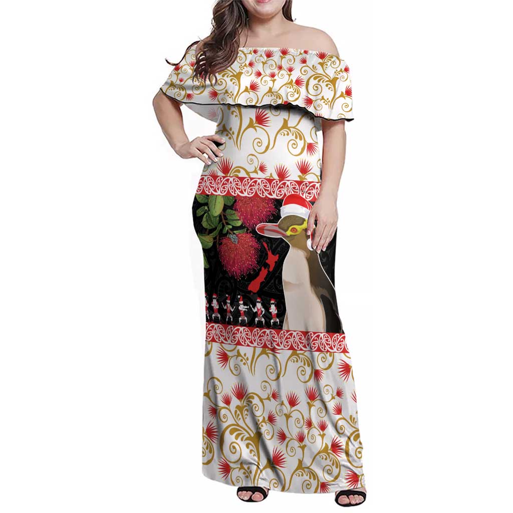 New Zealand Merry Christmas Family Matching Off Shoulder Maxi Dress and Hawaiian Shirt Hoiho Xmas - Haka Dance and Pohutukawa LT03 Mom's Dress White - Polynesian Pride