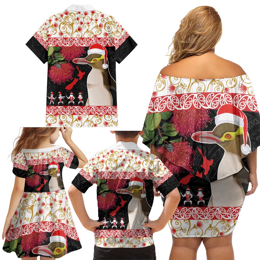 New Zealand Merry Christmas Family Matching Off Shoulder Short Dress and Hawaiian Shirt Hoiho Xmas - Haka Dance and Pohutukawa LT03 - Polynesian Pride