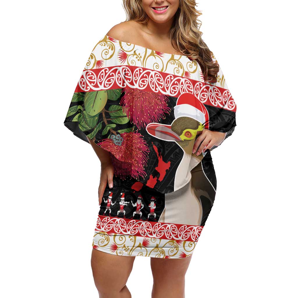 New Zealand Merry Christmas Family Matching Off Shoulder Short Dress and Hawaiian Shirt Hoiho Xmas - Haka Dance and Pohutukawa LT03 Mom's Dress White - Polynesian Pride
