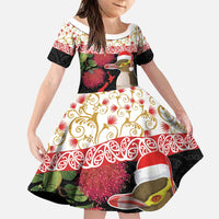 New Zealand Merry Christmas Family Matching Puletasi and Hawaiian Shirt Hoiho Xmas - Haka Dance and Pohutukawa LT03 Daughter's Dress White - Polynesian Pride