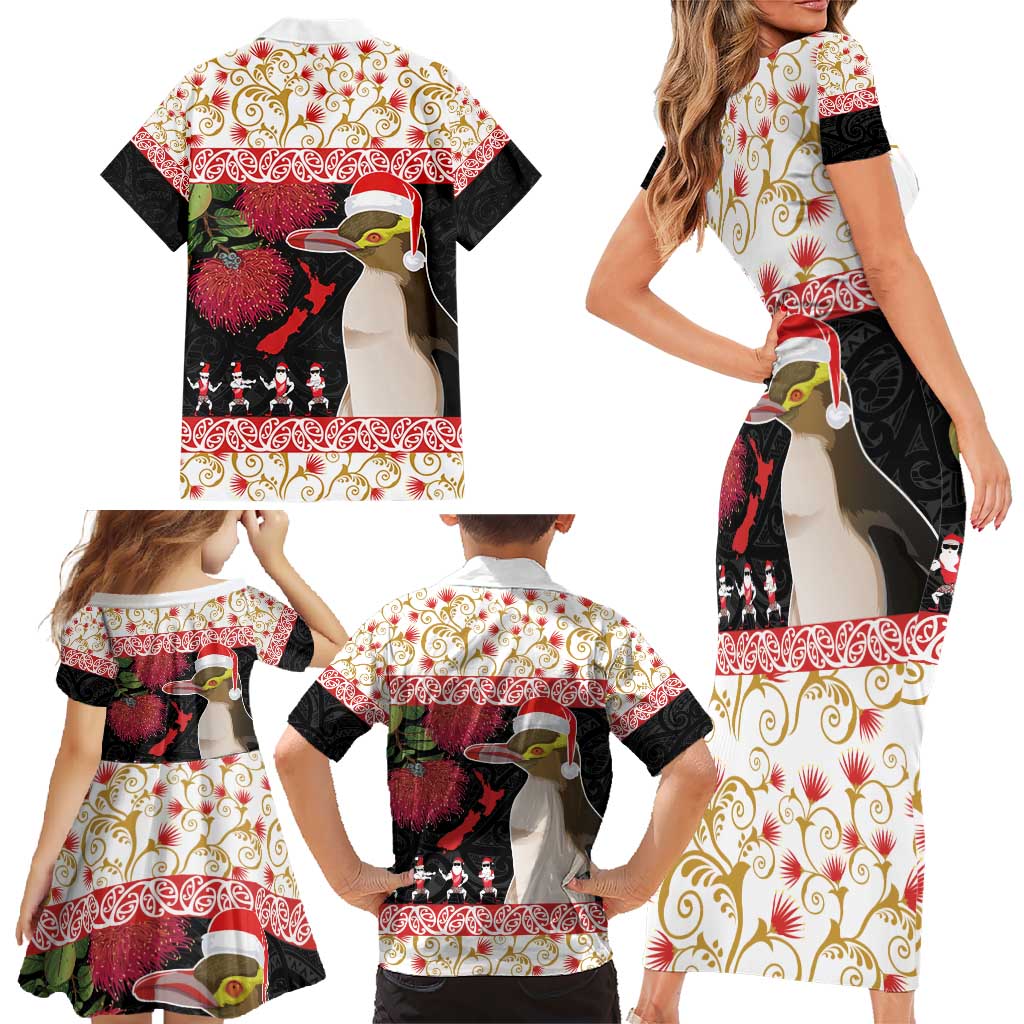 New Zealand Merry Christmas Family Matching Short Sleeve Bodycon Dress and Hawaiian Shirt Hoiho Xmas - Haka Dance and Pohutukawa LT03 - Polynesian Pride
