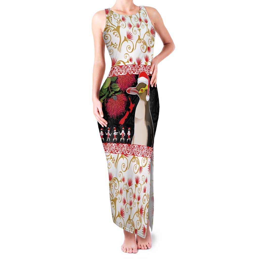New Zealand Merry Christmas Family Matching Tank Maxi Dress and Hawaiian Shirt Hoiho Xmas - Haka Dance and Pohutukawa LT03 Mom's Dress White - Polynesian Pride