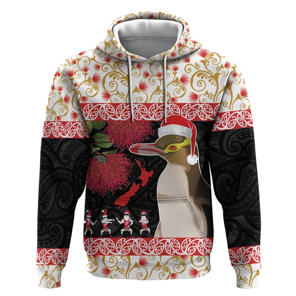 New Zealand Merry Christmas Hoodie Hoiho Xmas - Haka Dance and Pohutukawa LT03 Pullover Hoodie White - Polynesian Pride