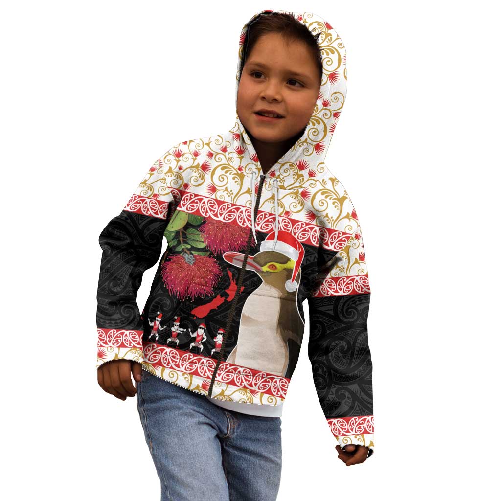 New Zealand Merry Christmas Kid Hoodie Hoiho Xmas - Haka Dance and Pohutukawa LT03 - Polynesian Pride