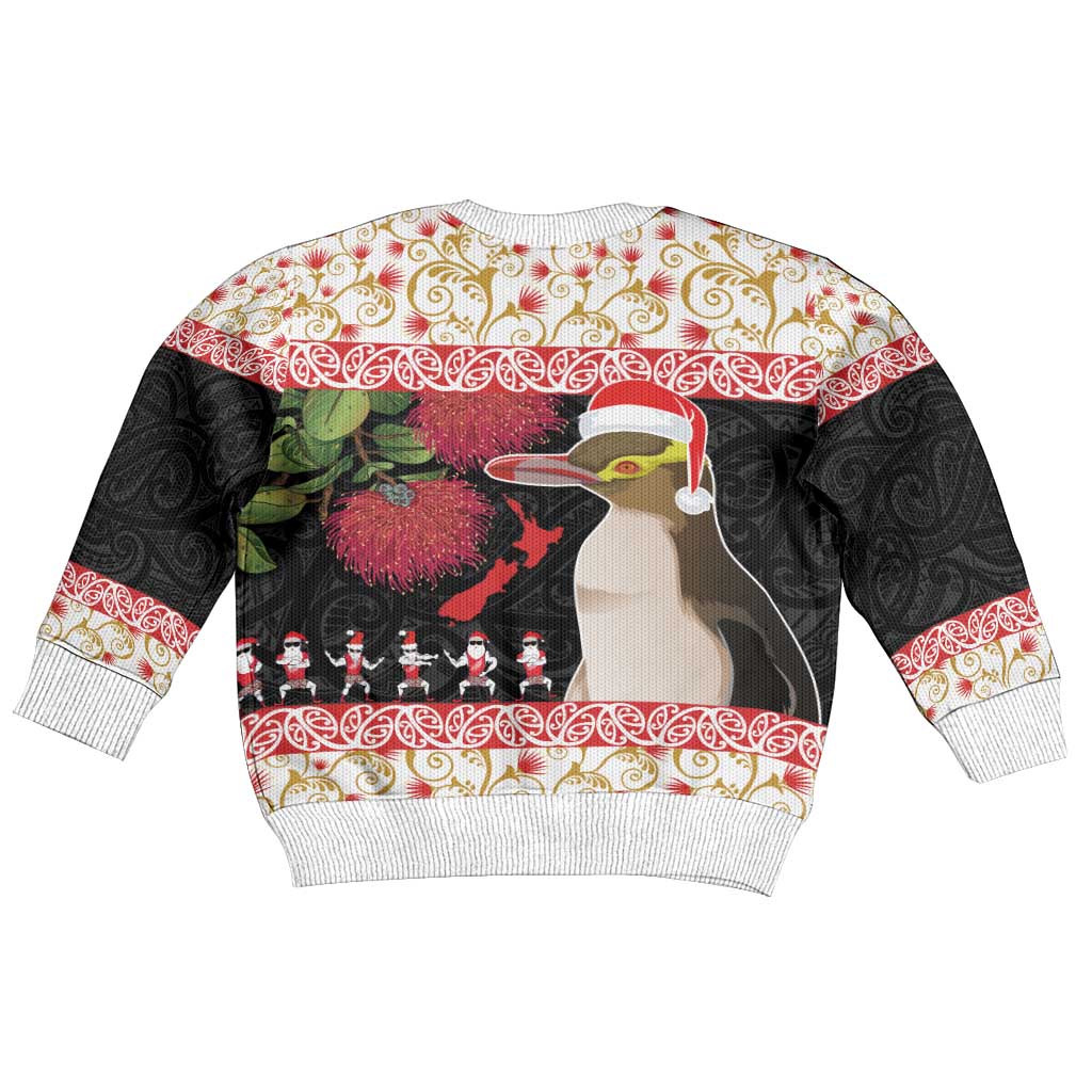 New Zealand Merry Christmas Kid Ugly Christmas Sweater Hoiho Xmas - Haka Dance and Pohutukawa LT03 - Polynesian Pride