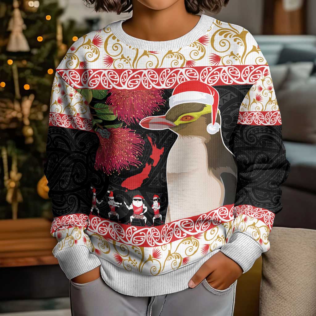 New Zealand Merry Christmas Kid Ugly Christmas Sweater Hoiho Xmas - Haka Dance and Pohutukawa LT03 - Polynesian Pride