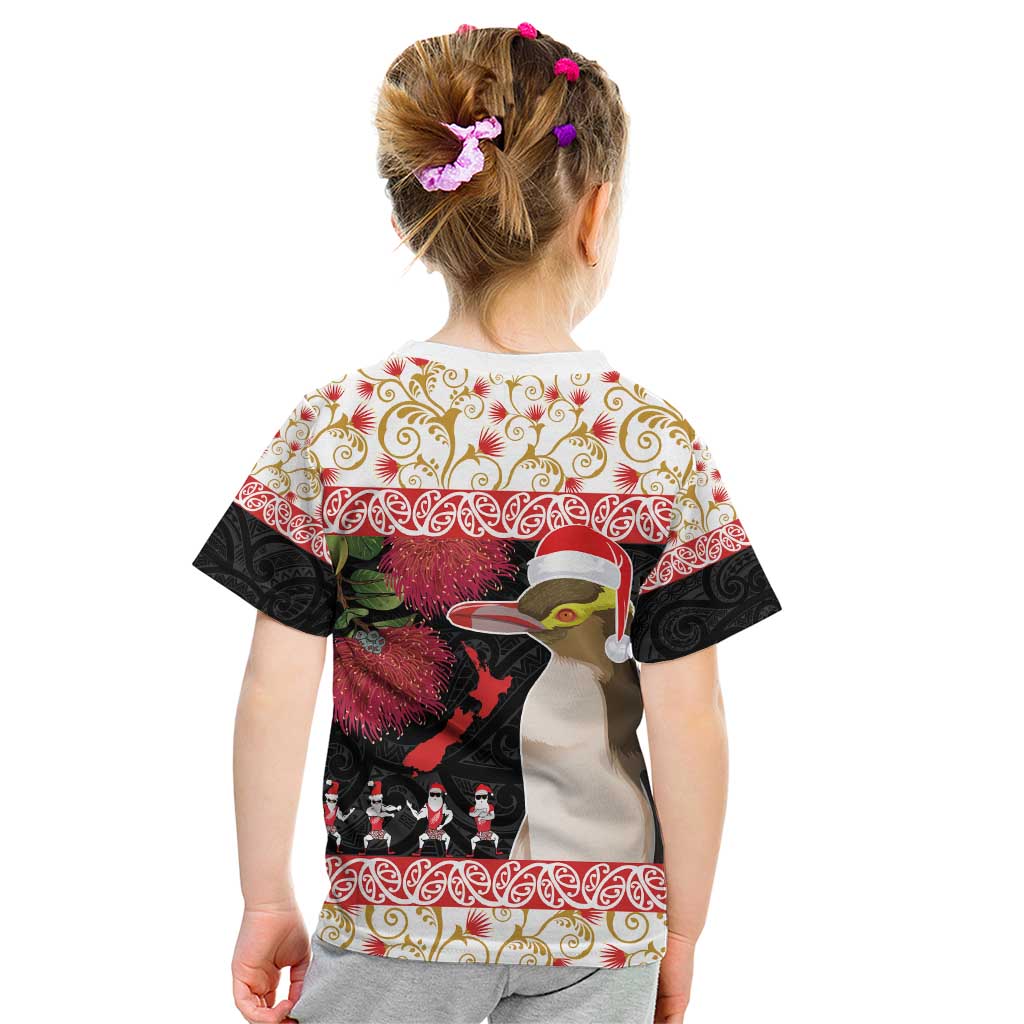New Zealand Merry Christmas Kid T Shirt Hoiho Xmas - Haka Dance and Pohutukawa