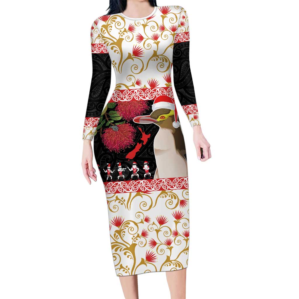 New Zealand Merry Christmas Long Sleeve Bodycon Dress Hoiho Xmas - Haka Dance and Pohutukawa LT03 Long Dress White - Polynesian Pride