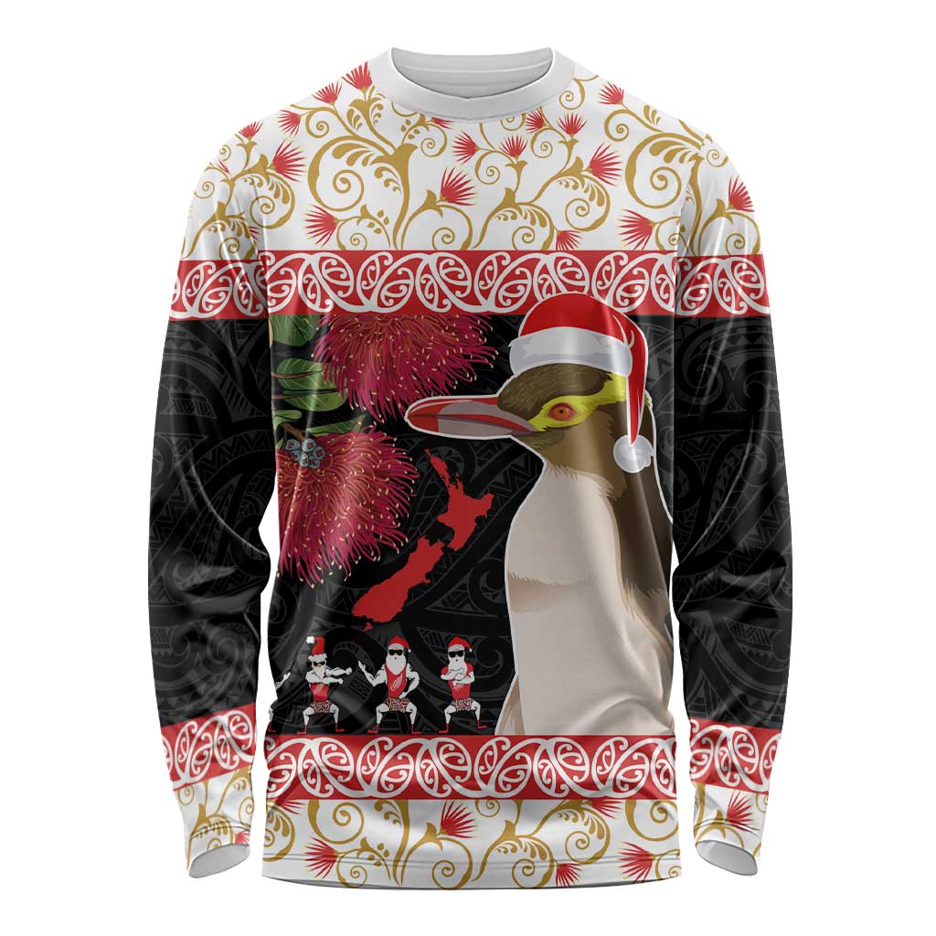 New Zealand Merry Christmas Long Sleeve Shirt Hoiho Xmas - Haka Dance and Pohutukawa LT03 Unisex White - Polynesian Pride