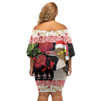 New Zealand Merry Christmas Off Shoulder Short Dress Hoiho Xmas - Haka Dance and Pohutukawa LT03 - Polynesian Pride