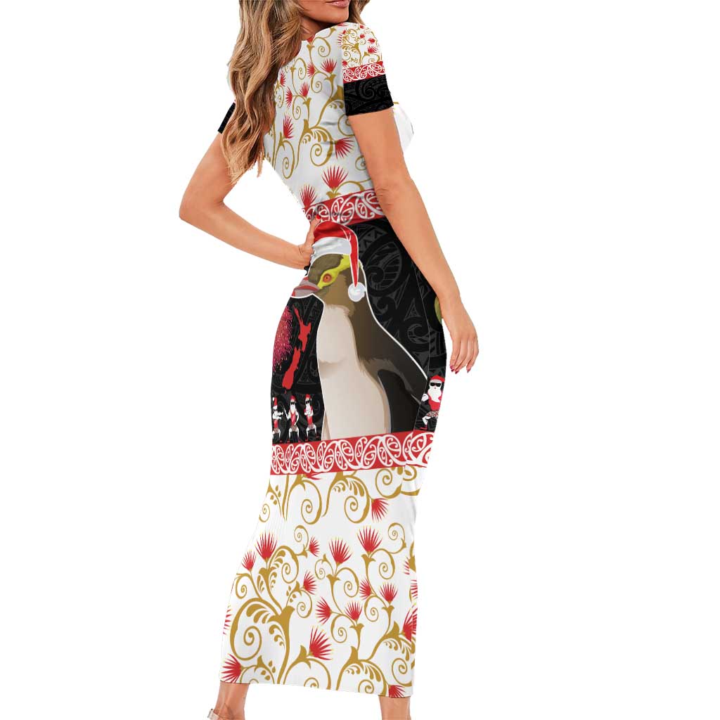 New Zealand Merry Christmas Short Sleeve Bodycon Dress Hoiho Xmas - Haka Dance and Pohutukawa LT03 - Polynesian Pride
