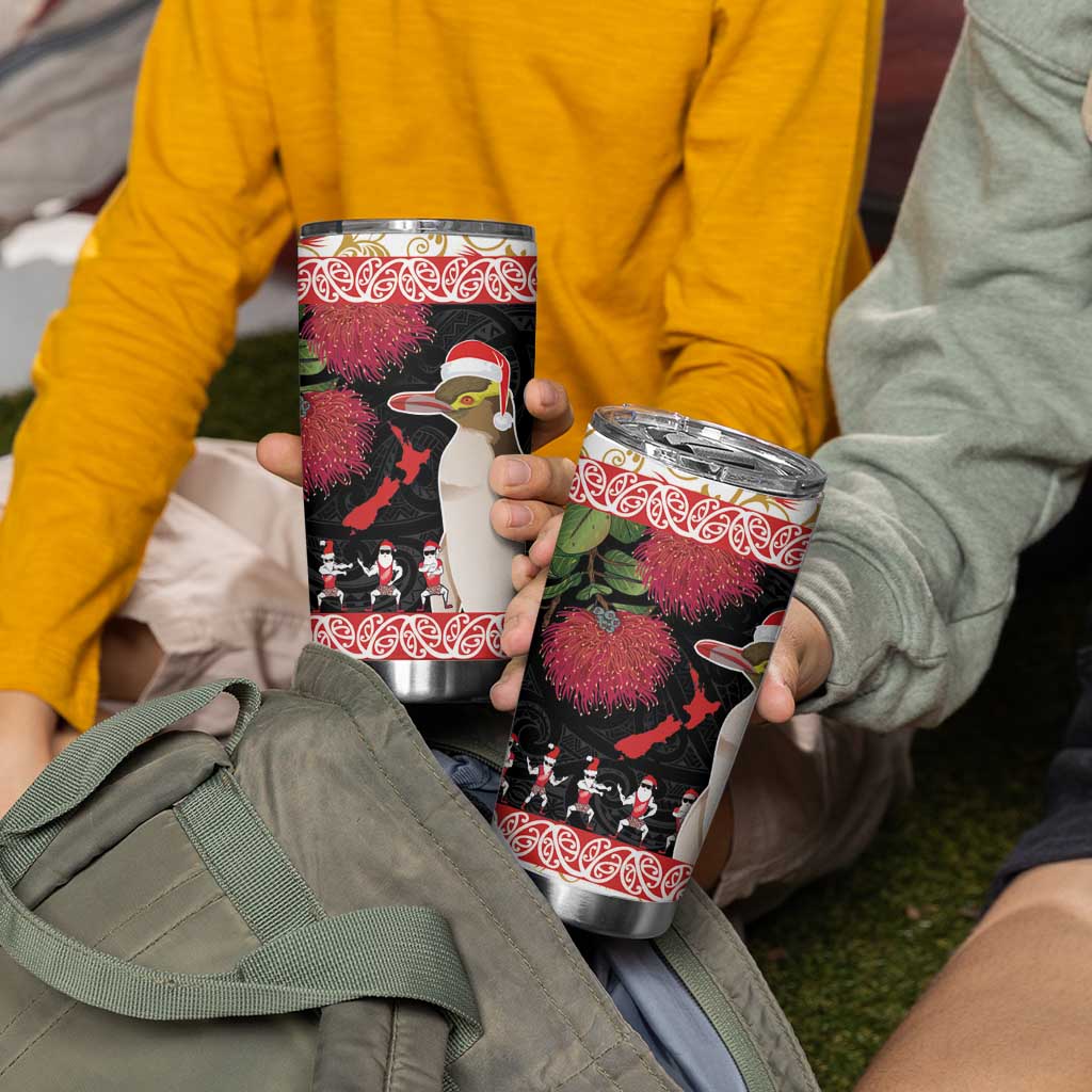 New Zealand Merry Christmas Tumbler Cup Hoiho Xmas - Haka Dance and Pohutukawa LT03 - Polynesian Pride