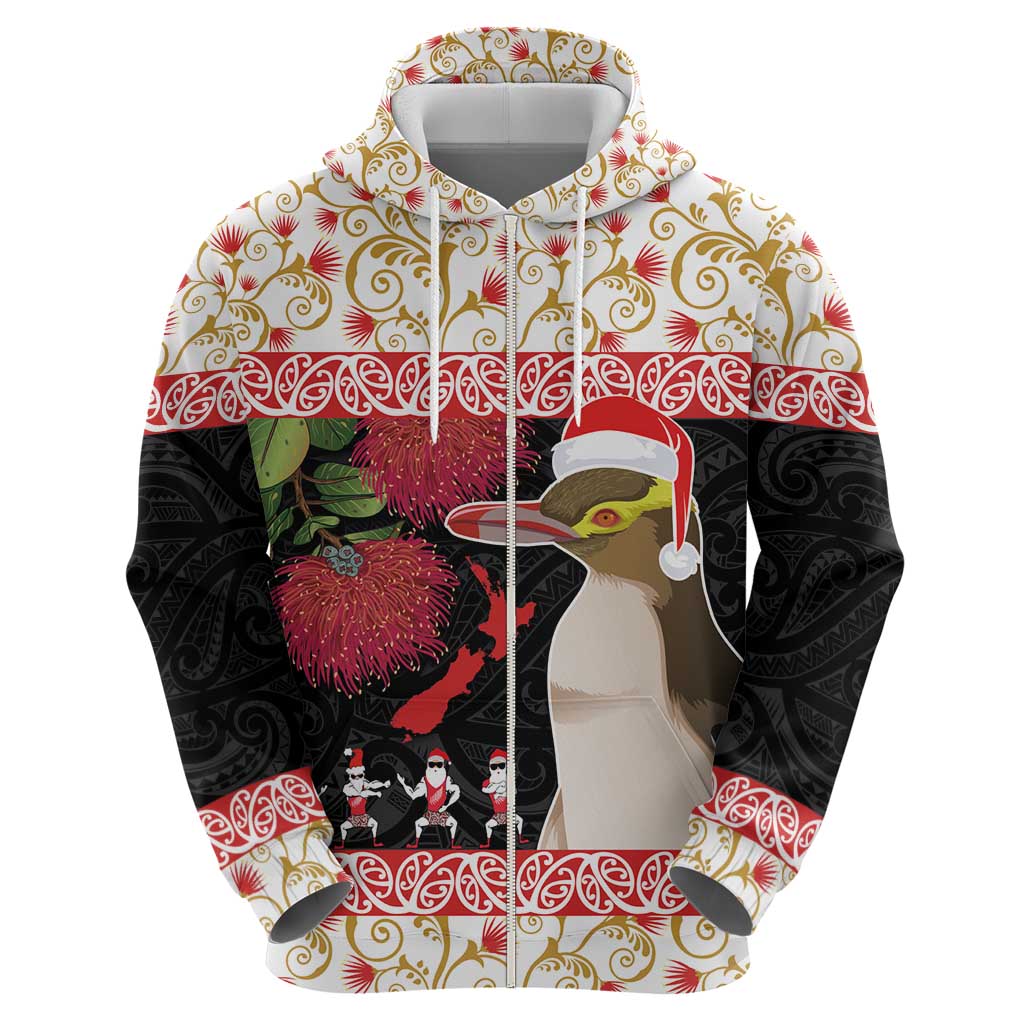 New Zealand Merry Christmas Zip Hoodie Hoiho Xmas - Haka Dance and Pohutukawa LT03 - Polynesian Pride