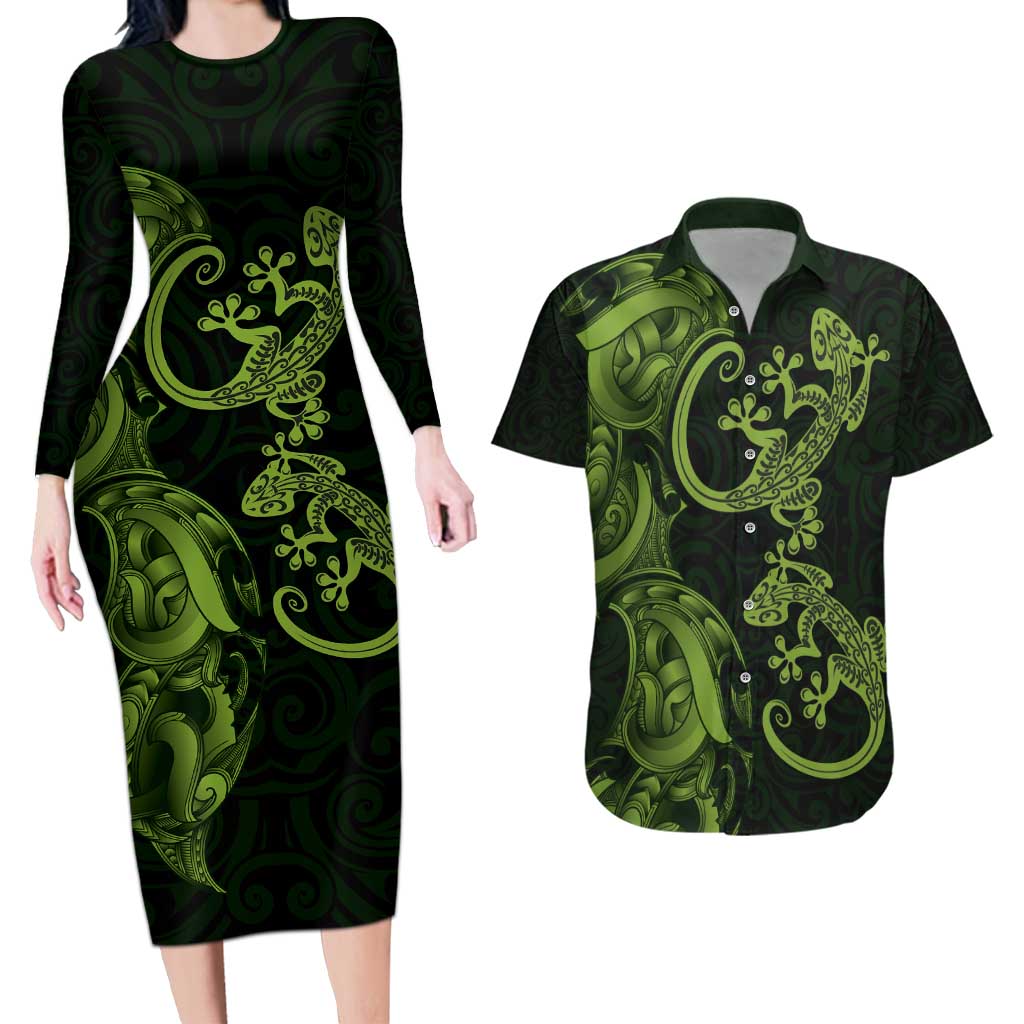 New Zealand Gecko Maori Art Tattoo Couples Matching Long Sleeve Bodycon Dress and Hawaiian Shirt LT03 Green - Polynesian Pride