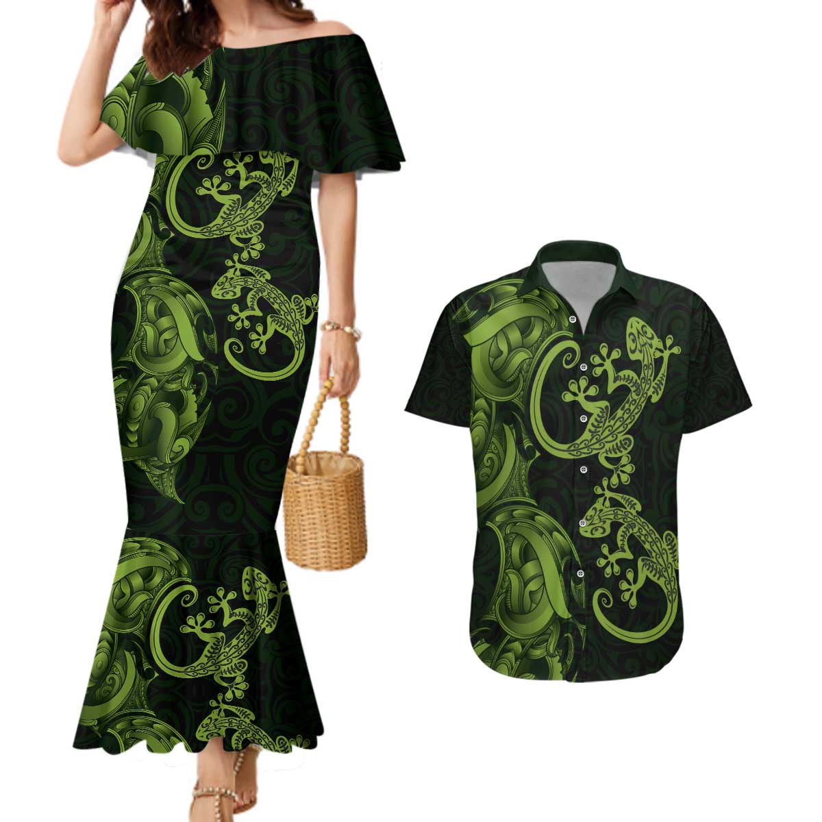 New Zealand Gecko Maori Art Tattoo Couples Matching Mermaid Dress and Hawaiian Shirt LT03 Green - Polynesian Pride