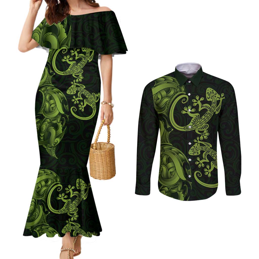 New Zealand Gecko Maori Art Tattoo Couples Matching Mermaid Dress and Long Sleeve Button Shirt LT03 Green - Polynesian Pride