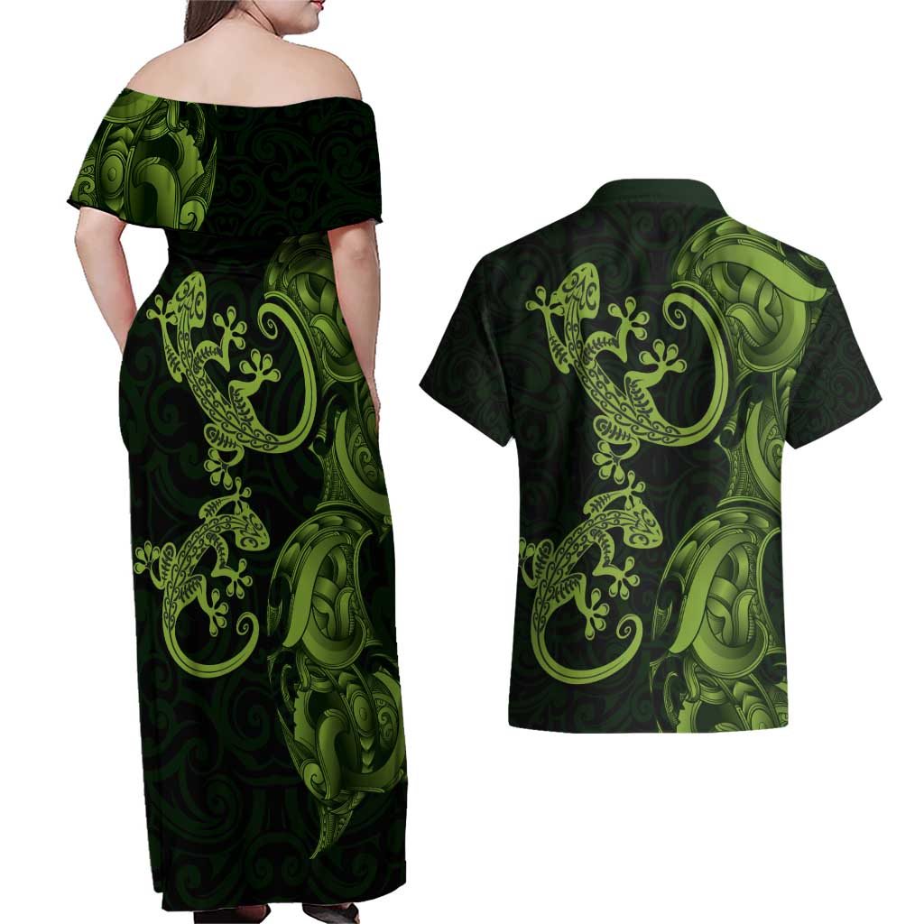 New Zealand Gecko Maori Art Tattoo Couples Matching Off Shoulder Maxi Dress and Hawaiian Shirt LT03 - Polynesian Pride