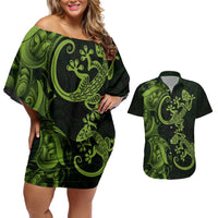 New Zealand Gecko Maori Art Tattoo Couples Matching Off Shoulder Short Dress and Hawaiian Shirt LT03 Green - Polynesian Pride