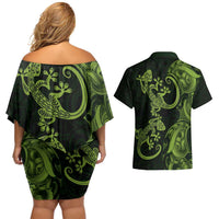New Zealand Gecko Maori Art Tattoo Couples Matching Off Shoulder Short Dress and Hawaiian Shirt LT03 - Polynesian Pride