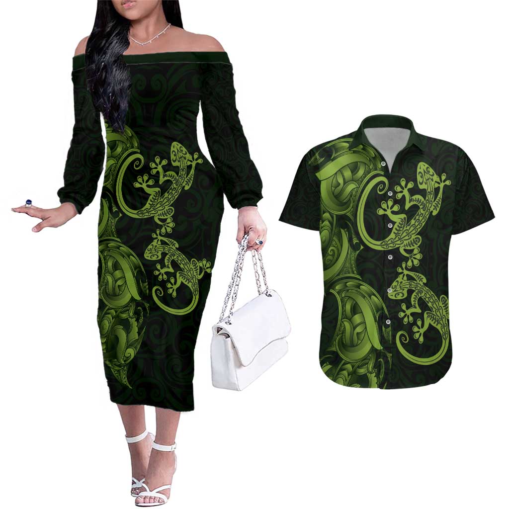 New Zealand Gecko Maori Art Tattoo Couples Matching Off The Shoulder Long Sleeve Dress and Hawaiian Shirt