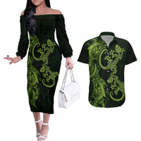 New Zealand Gecko Maori Art Tattoo Couples Matching Off The Shoulder Long Sleeve Dress and Hawaiian Shirt LT03 Green - Polynesian Pride