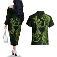 New Zealand Gecko Maori Art Tattoo Couples Matching Off The Shoulder Long Sleeve Dress and Hawaiian Shirt LT03 - Polynesian Pride