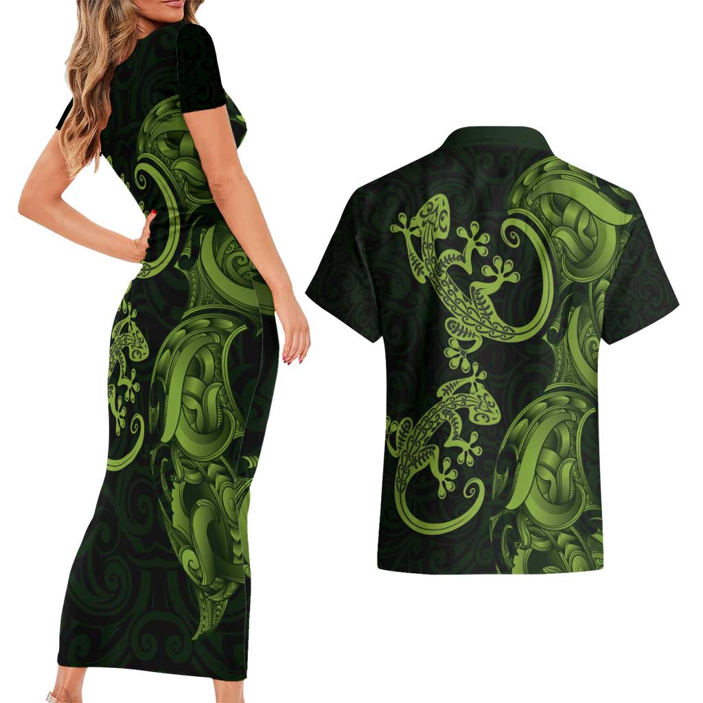 New Zealand Gecko Maori Art Tattoo Couples Matching Short Sleeve Bodycon Dress and Hawaiian Shirt LT03 - Polynesian Pride