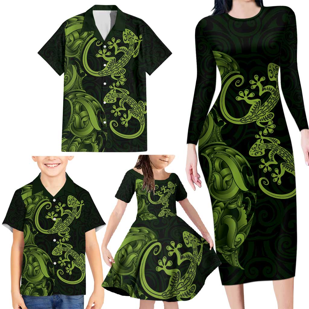 New Zealand Gecko Maori Art Tattoo Family Matching Long Sleeve Bodycon Dress and Hawaiian Shirt LT03 - Polynesian Pride