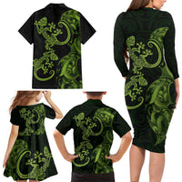 New Zealand Gecko Maori Art Tattoo Family Matching Long Sleeve Bodycon Dress and Hawaiian Shirt LT03 - Polynesian Pride