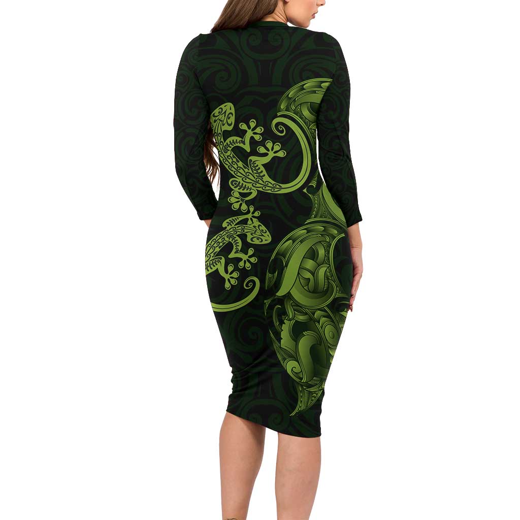 New Zealand Gecko Maori Art Tattoo Family Matching Long Sleeve Bodycon Dress and Hawaiian Shirt LT03 - Polynesian Pride