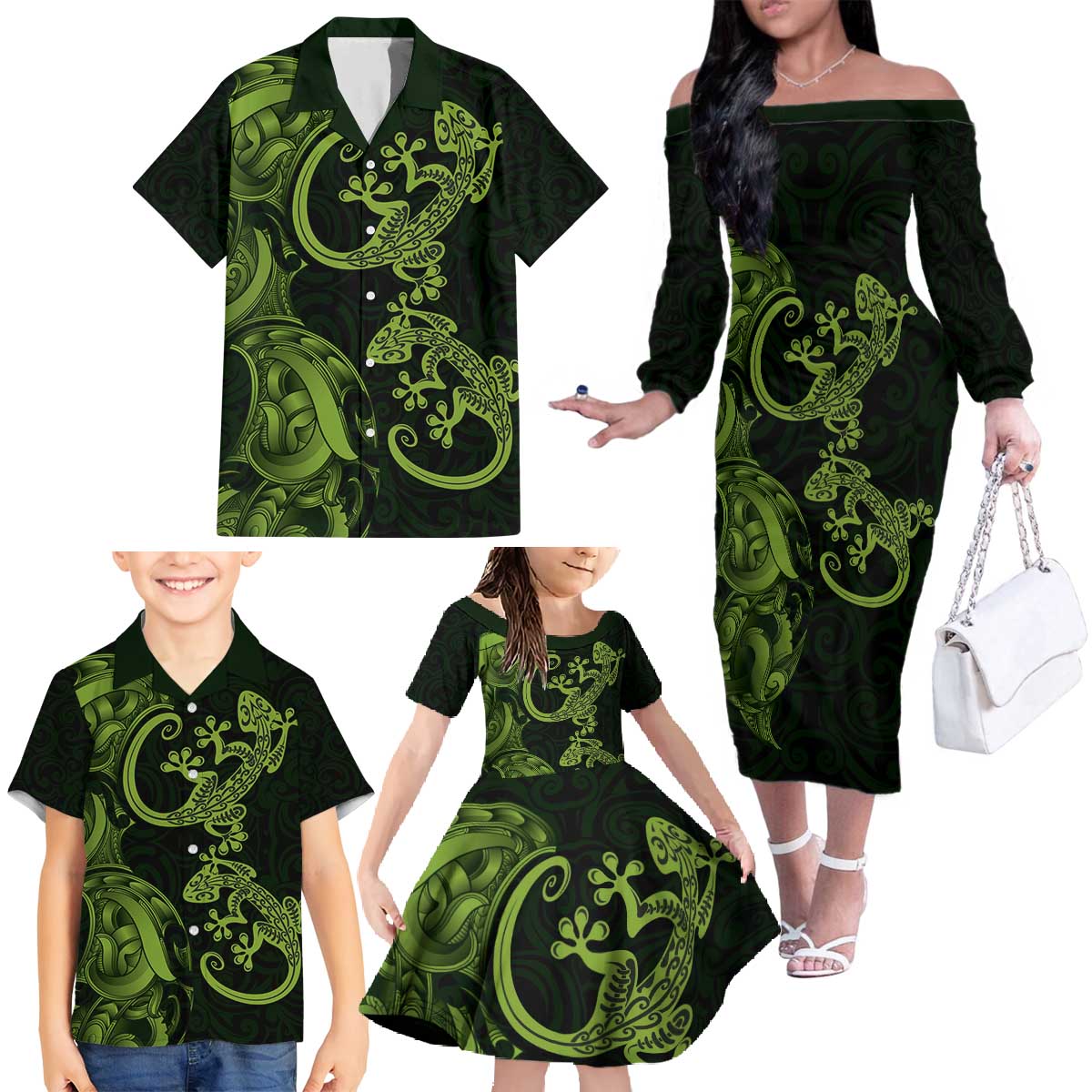 New Zealand Gecko Maori Art Tattoo Family Matching Off The Shoulder Long Sleeve Dress and Hawaiian Shirt LT03 - Polynesian Pride