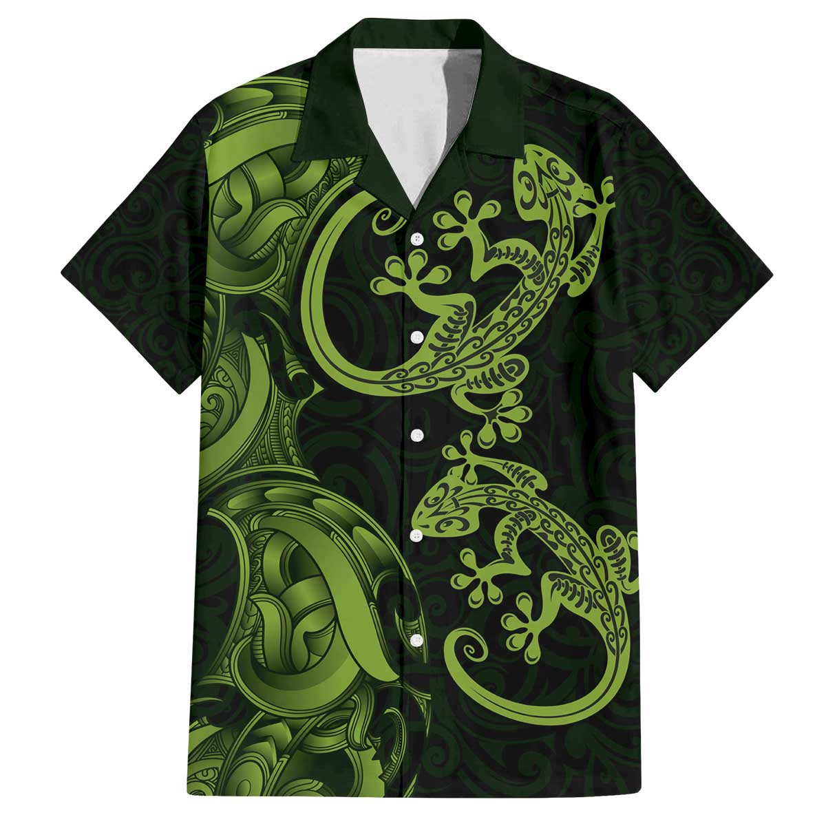 New Zealand Gecko Maori Art Tattoo Family Matching Off The Shoulder Long Sleeve Dress and Hawaiian Shirt LT03 Dad's Shirt - Short Sleeve Green - Polynesian Pride