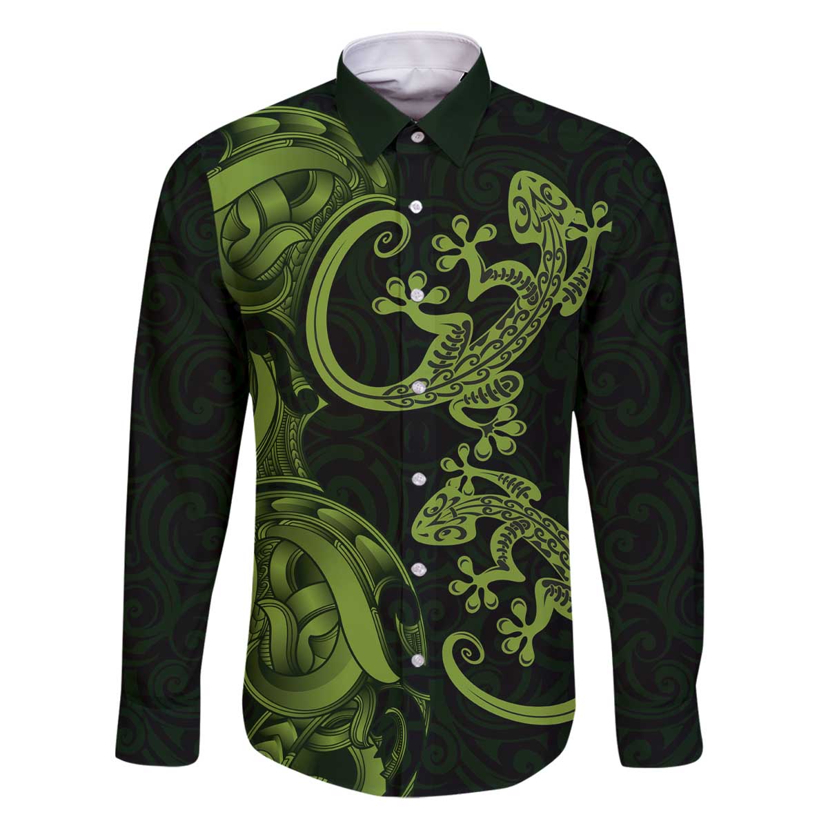 New Zealand Gecko Maori Art Tattoo Family Matching Off The Shoulder Long Sleeve Dress and Hawaiian Shirt LT03 Dad's Shirt - Long Sleeve Green - Polynesian Pride