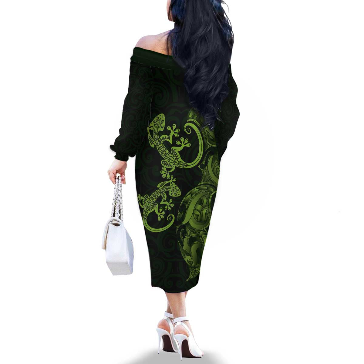 New Zealand Gecko Maori Art Tattoo Family Matching Off The Shoulder Long Sleeve Dress and Hawaiian Shirt LT03 - Polynesian Pride