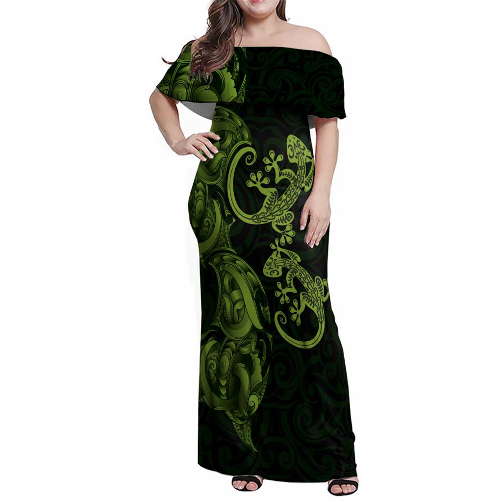 New Zealand Gecko Maori Art Tattoo Family Matching Off Shoulder Maxi Dress and Hawaiian Shirt LT03 Mom's Dress Green - Polynesian Pride