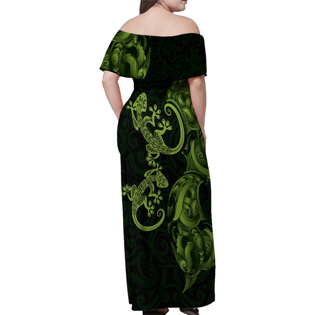 New Zealand Gecko Maori Art Tattoo Family Matching Off Shoulder Maxi Dress and Hawaiian Shirt LT03 - Polynesian Pride