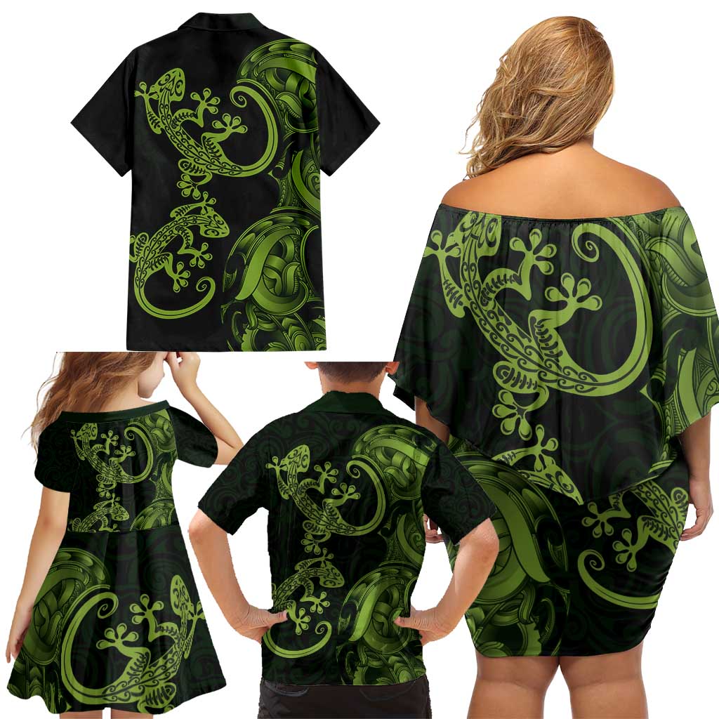 New Zealand Gecko Maori Art Tattoo Family Matching Off Shoulder Short Dress and Hawaiian Shirt LT03 - Polynesian Pride