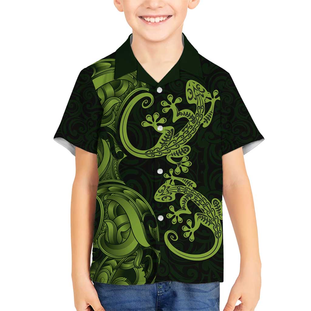 New Zealand Gecko Maori Art Tattoo Family Matching Off Shoulder Short Dress and Hawaiian Shirt LT03 Son's Shirt Green - Polynesian Pride