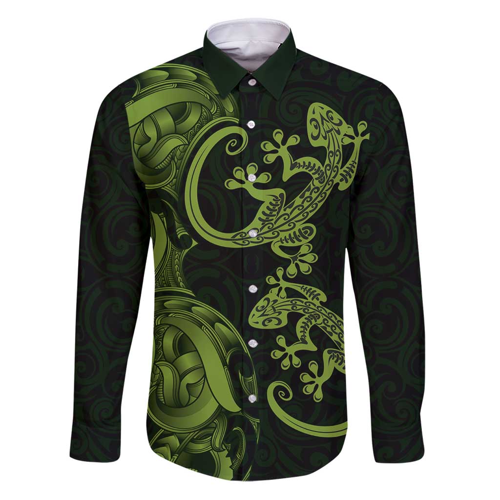 New Zealand Gecko Maori Art Tattoo Family Matching Puletasi and Hawaiian Shirt LT03 Dad's Shirt - Long Sleeve Green - Polynesian Pride