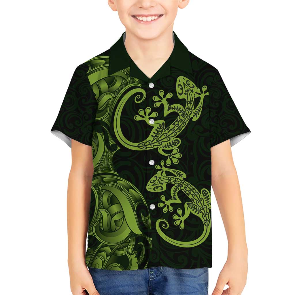 New Zealand Gecko Maori Art Tattoo Family Matching Short Sleeve Bodycon Dress and Hawaiian Shirt LT03 Son's Shirt Green - Polynesian Pride