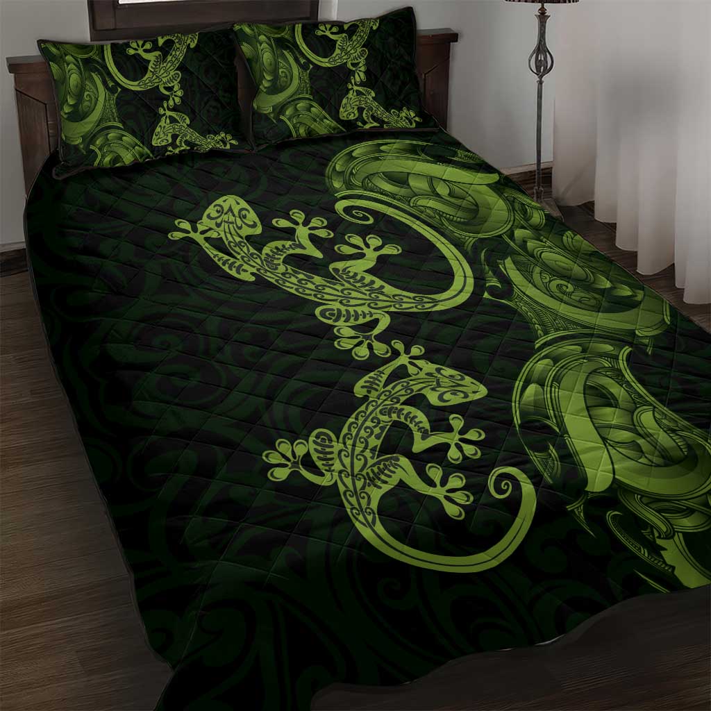 New Zealand Gecko Maori Art Tattoo Quilt Bed Set LT03 Green - Polynesian Pride